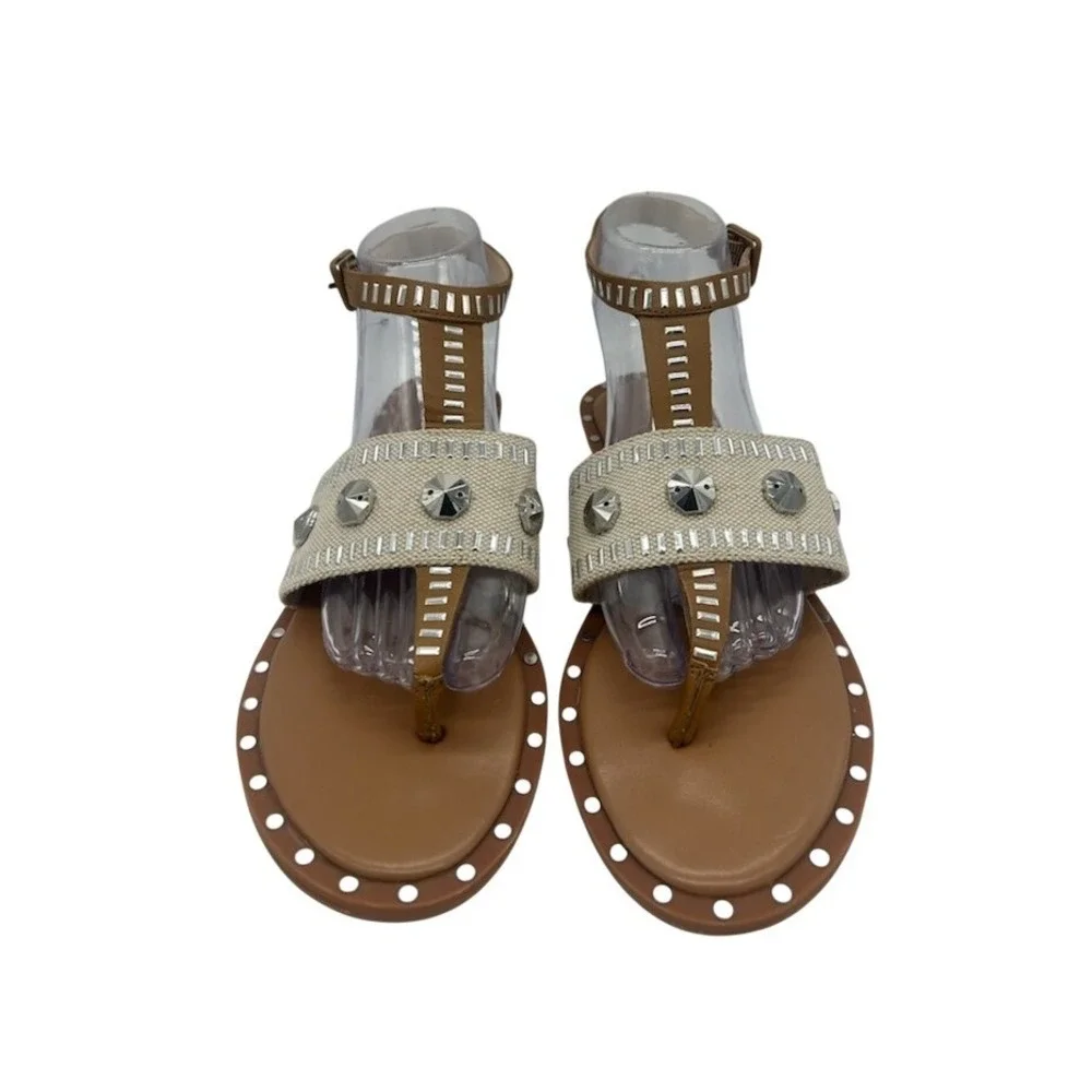 French Connection Studded Sandals Thong Ankle Strap Casual‎ Beige Size 8.5 M